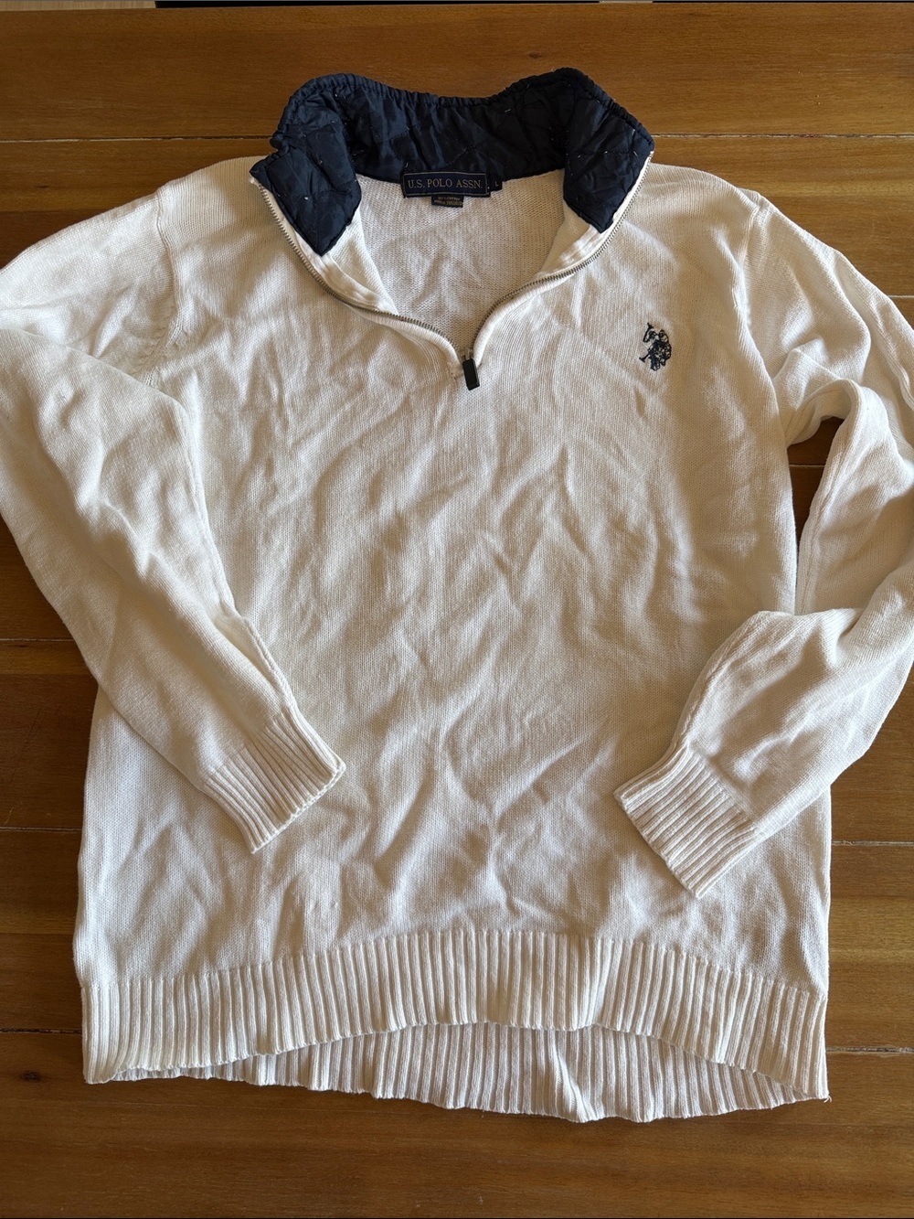 U.S. Polo Assn. Cream Zip-Neck Sweater with Navy Collar Accents